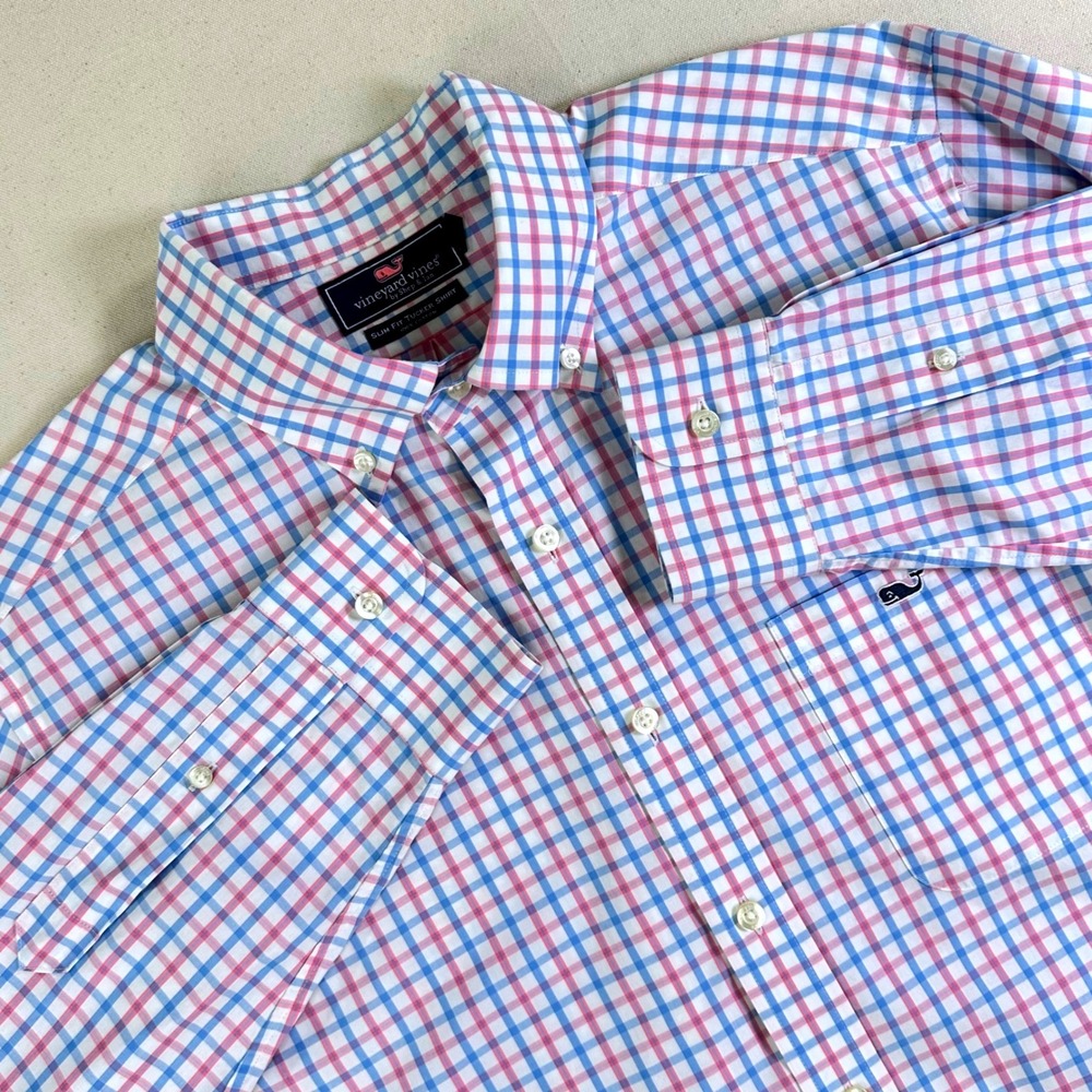 Vineyard Vines Mens Slim Fit Tucker Shirt Pink Blue Plaid Cotton 1W1593 Large